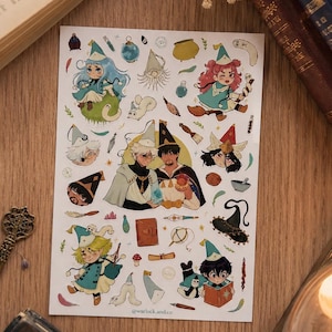 May include: A rectangular sticker sheet featuring various anime-style illustrations of characters in pointed hats, magical items, potions, books, and small creatures. The text @warlock.and.co is printed in small black letters at the bottom center.