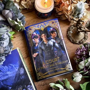 Może przedstawiać: Niebieska i złota książka w twardej oprawie z tytułem "A Court of Frost and Starlight" autorstwa Sarah J. Maas. Okładka przedstawia trzech mężczyzn w czarnych ubraniach na tle fantasy.