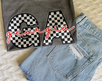 UGA checkered tee, uga shirt, go dawgs, sic em, Georgia shirt, Georgia football, college football, Georgia peach, university of Georgia