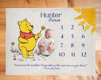 Baby Monthly Growth Blanket, Pooh Bear Baby Milestone Keepsake, Newborn Gift, Custom Name Blanket, Unique Baby Shower Gift, Winnie the Pooh