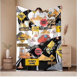 Custom Name Blanket, Gift for Boys, Truck Lovers, Personalized Blanket, Toddler Blanket, Construction Zone Blanket, Throw Blanket for Kids