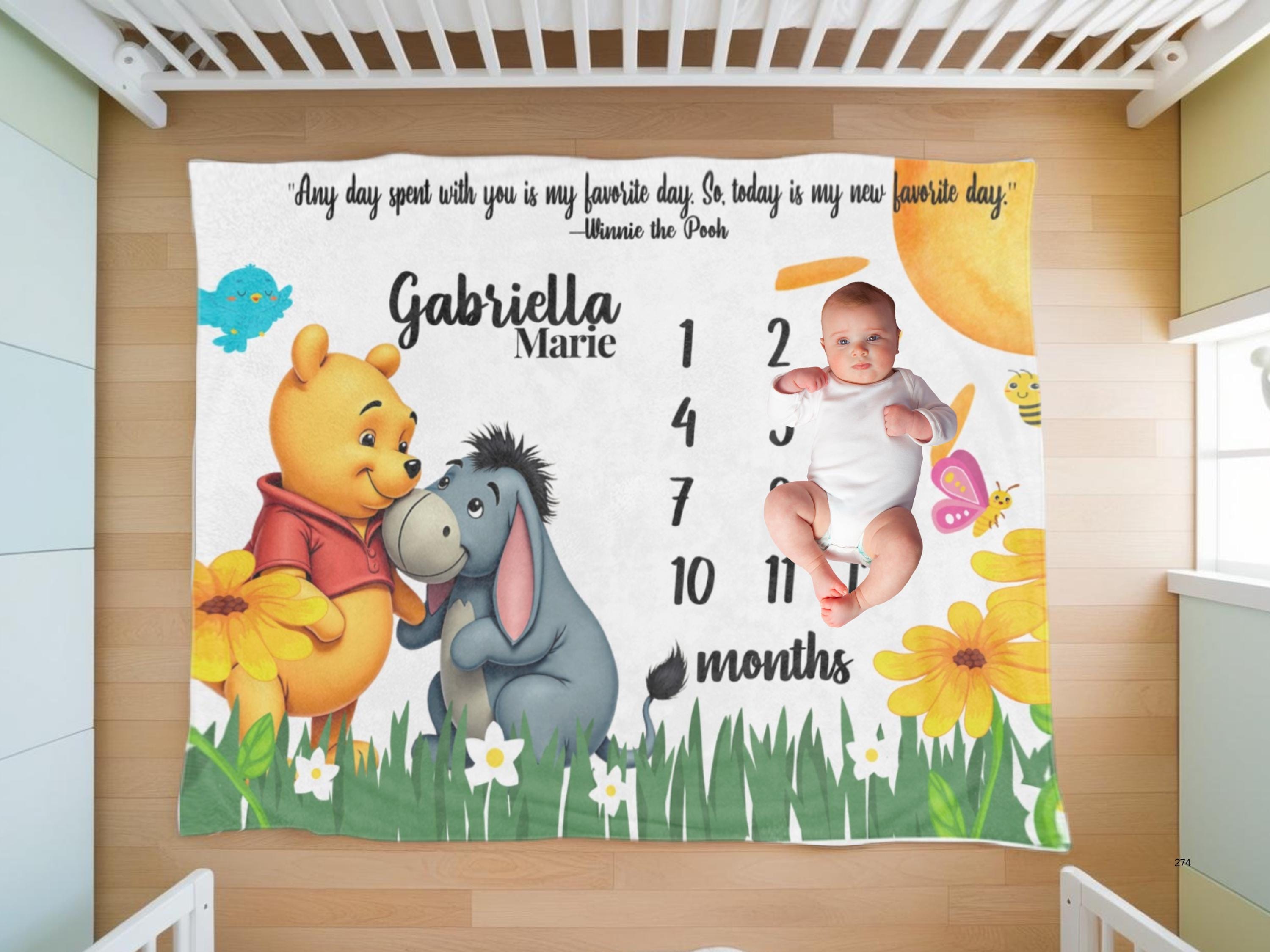 Personalized Winnie the Pooh Milestone Blanket, Soft Velveteen Baby Blanket, Nursery Decor, Baby Shower Gift, Monthly Growth and Age Tracker