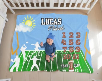 Blanket for Football Fan, Custom Monthly Growth Blanket, Baby First Year Milestone, Newborn Keepsake Gift, Personalized Baby Shower Present