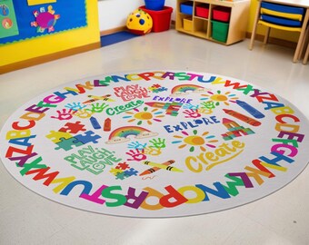 Colorful Kids&#39; Play Room Circle Rug, Inspirational Round Floor Mat, Day Care Decor, Fun Learning Mat, Playroom Essential, Gift for Children