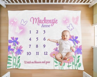 Customizable Blanket, Floral Baby Milestone Keepsake, Gift for Infant, Baby Monthly Growth Progress, Unique Baby Shower Gift, Watch Me Grow