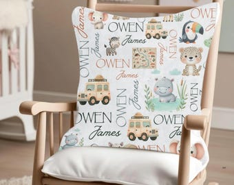 Personalized Safari Nursery Pillow: Custom Name, Jungle Animals