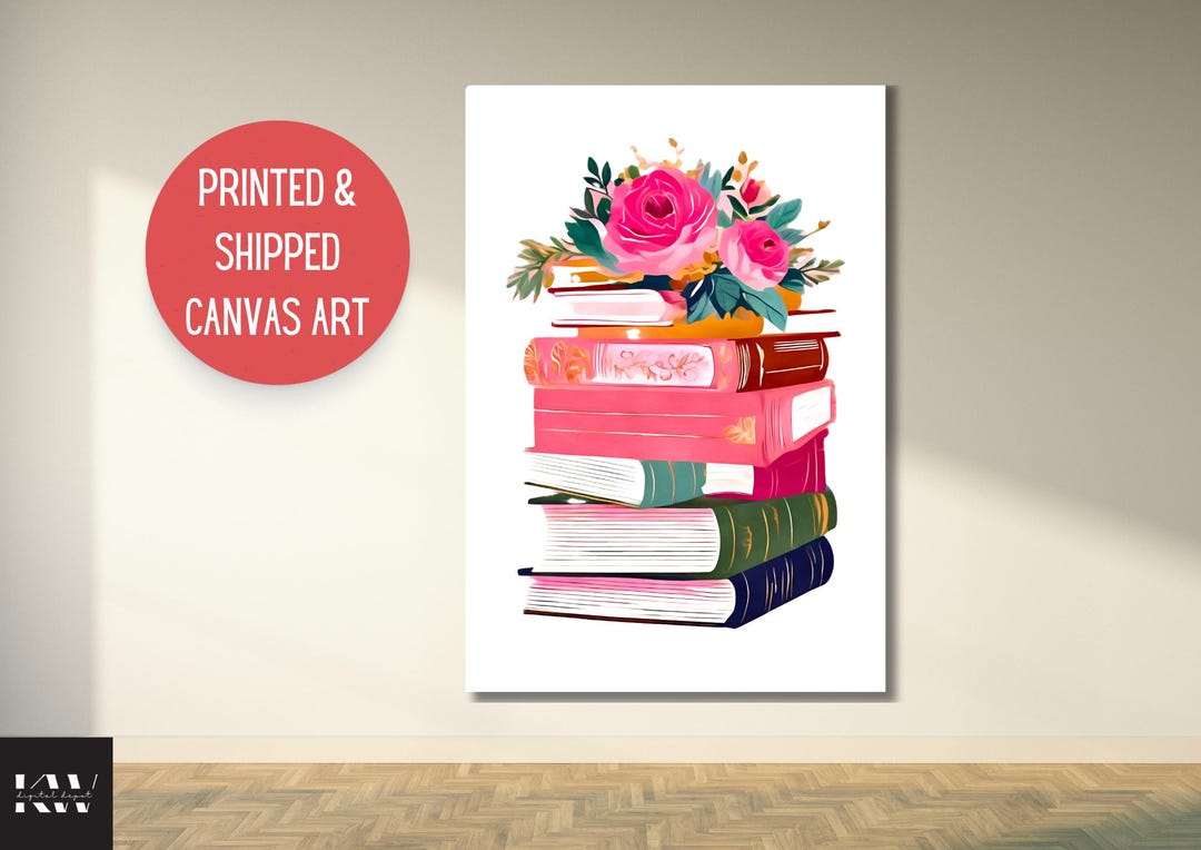 Canvas Wall Art of Stacked Books and Flowers Book Lover Decor Literary ...