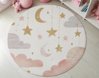 Round Area Rug, Cozy Nursery Decor, Dreamy Playroom Accents, Kids Room Carpet, Home Decor, Celestial Design Kids Area Rug, Girls Room Decor
