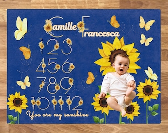 Blanket for Newborn, Sunflower Design, Gift for New Mom, Baby Monthly Growth Progress, Custom Keepsake Gifts, Baby First Year Milestone