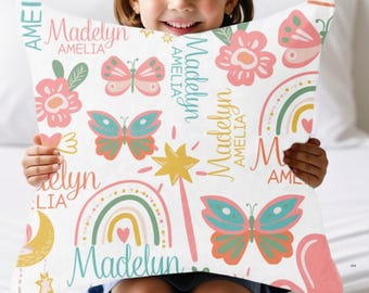 Personalized Name Pillow Girls Custom Name Spun Polyester Square Pillow Pink Butterfly Floral Design Nursery Accents Decor Matching Blanket