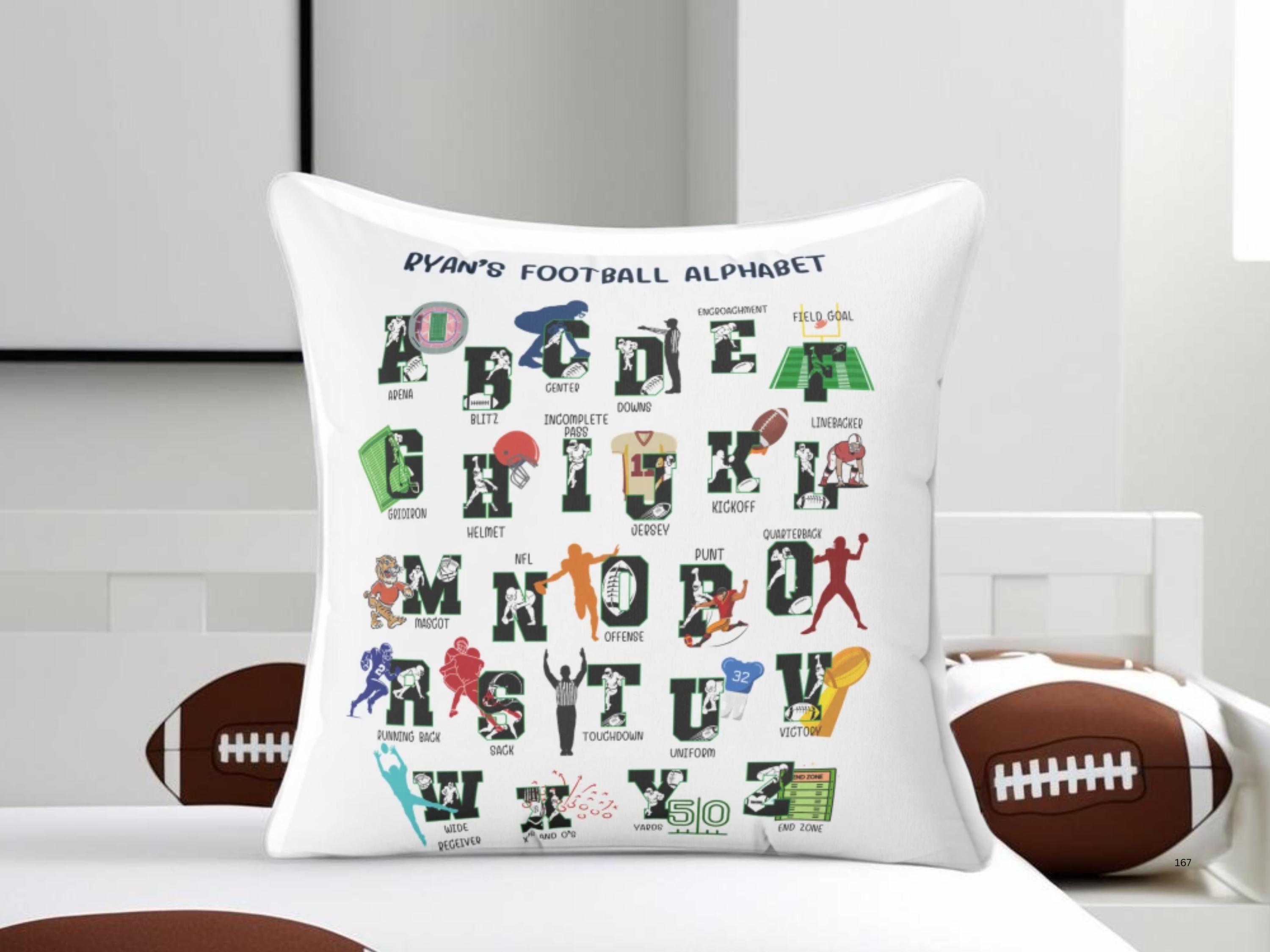 Pillow for Football Lovers, Custom Football Gift, ABC Learning Tools, Sports Room Decor, Kids Football Accents, Montessori Learning Idea