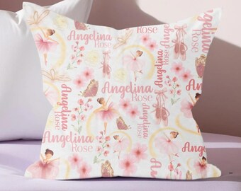 Square Ballerina Theme Pillow, Dance Aesthetic, Girls Pink & Gold Room Decor, Kids Bedding Accessories