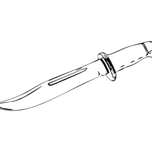 May include: A black and white line drawing of a knife with a handle.