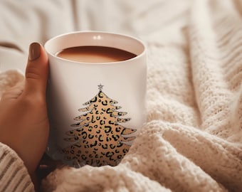 Leopard Muster Weihnachtsbaum Becher, Weihnachtsgeschenk Becher, Geschenk für sie, handgemachtes Geschenk, Tierdruckbecher, Gold Weihnachtsbaum Becher, wilder Druck, Becher 15 Unzen