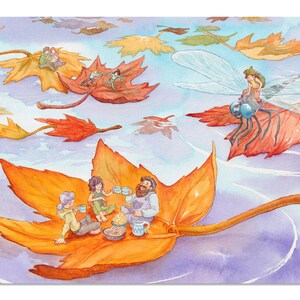 Autumn maple leaves illustration art print/Friends and picnic storybook drawing/kid room watercolor painting decor/Story characters art