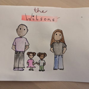 Hand-drawn made to order family portraits, painted in watercolour by Ruby