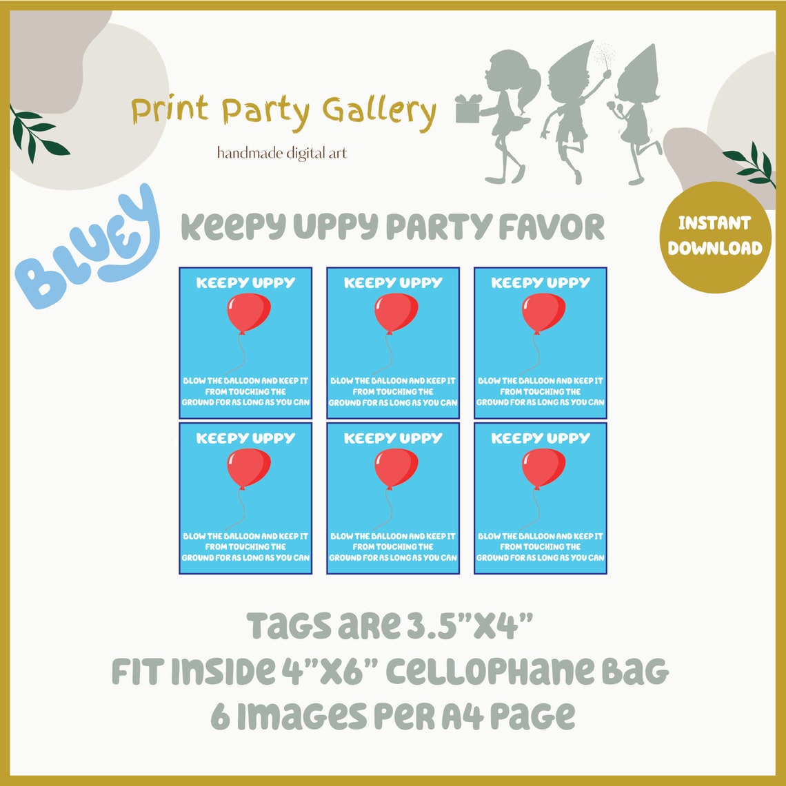 BLUEY Party Favor KEEPY UPPY Blue X6 Kids Birthday Print Party Gallery ...