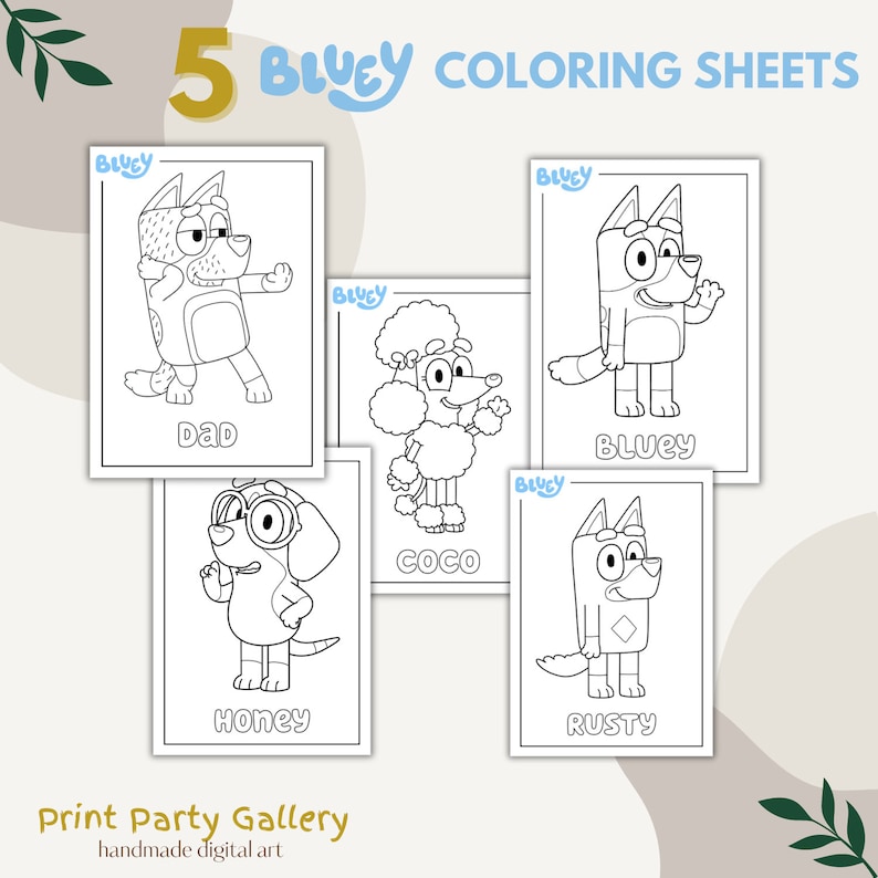 5 Pack BLUEY CHARACTERS Coloring Sheets | Kids Party | Party Favor ...
