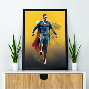Poster di Cristiano Ronaldo Superman per la camera da letto, regali di calcio, poster di football americano, poster sportivi, arte murale di calcio, poster sportivi per la camera da letto.