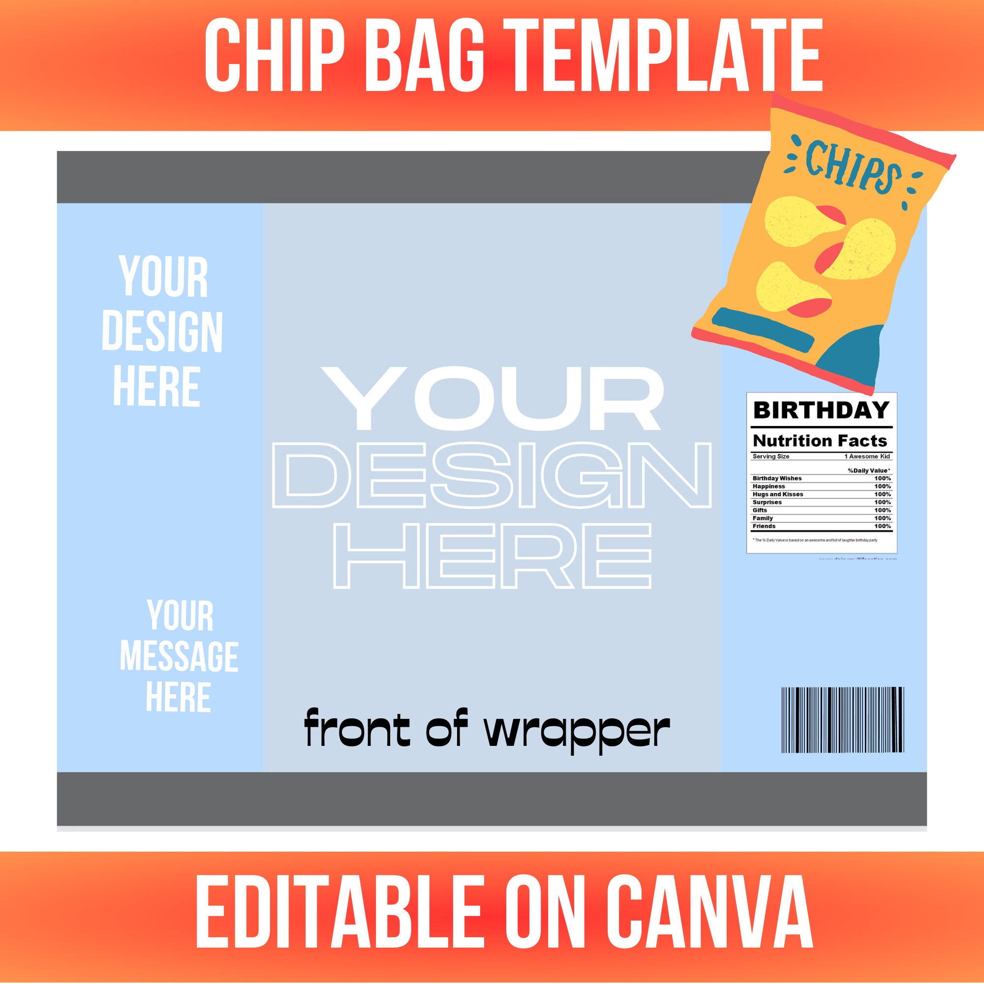Chip Bag Template, Blank Chip Bag, Chip Bag Template Canva Editable, Party Chip Bag, Template