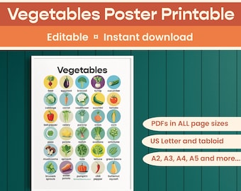 Vegetables Colour Poster Printable, Homeschool Montessori materials, Preschool, home educator, decor, digital, KS1, English, EYFS, EFL