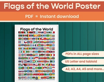 Flags of the World Poster PDF, Printable Wall Art, Instant Download, Global, Montessori, A2, A3, A4, A5, US Letter Size, Ledger, Tabloid