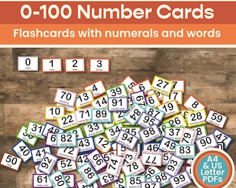 Printable Number Flashcards 0-100 - Instant Digital Download, Kid flash card, KS1 maths, EYFS, early learning, numbers, learning to count