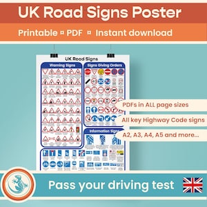 Britse wegcode verkeersborden muurposter afdrukbaar, direct digitaal downloaden, Help leren en slagen voor je theorie-examen, A2, A3, A4, A5