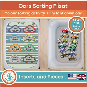 Flisat Colour sorting Insert: Slot the Cars into the Shapes on the Road, Sorting by Colour Activity, Matching Printable, Preschool Learning