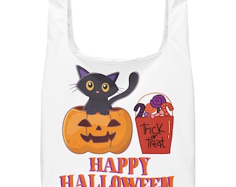 Shopping bag - Front & Back-Cat in Pumpkin, Trick or Treat Candy Bucket, Happy Halloween - White Reusable Cloth Tote Bag