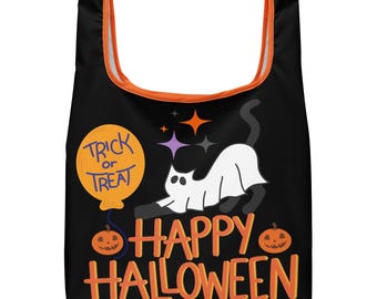 Shopping bag - Front & Back-Cat With Ghost Sheet Costume, Trick or Treat Balloon, Happy Halloween, Stars - Black Reusable Cloth Tote Bag