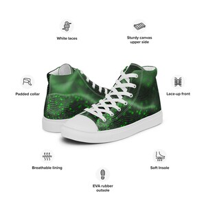 May include: High-top canvas sneakers with a green and black digital design. Features include white laces, a padded collar, and a sturdy canvas upper. The sneakers have a breathable lining, soft insole, and an EVA rubber outsole.