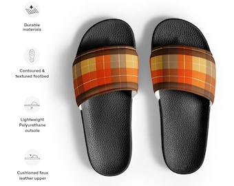 Sandalias para hombre: estampado a cuadros en naranja intenso, marrón y dorado.