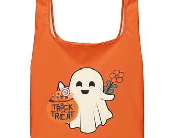 Shopping bag - Orange - Ghost Holding a Flower & a Trick or Treat Pumpkin Bucket of Candy