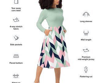 Long Sleeve Midi Dress - Geometric Motion w/Edgewater Body and Sleeves Edition - 2XS-6X