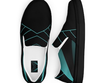 Men’s Slip-On Canvas Shoes — Black w/Viking Blue Geometric Graphics