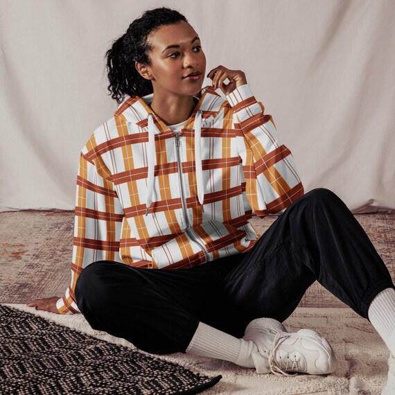 Unisex Zip Hoodie - Rust and Mustard Plaid – Retro Fall Checkered