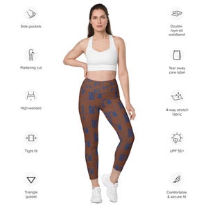 May include: A woman wearing a white sports bra and brown leggings with a blue geometric pattern. The leggings have a high-waisted design and a tight fit. Features include side pockets, a double-layered waistband, and UPF 50+ protection.
