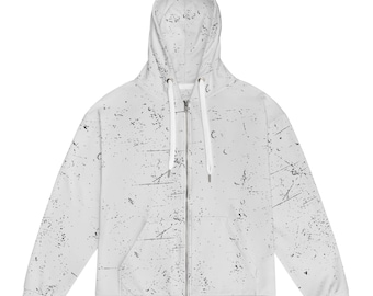 May include: White zip-up hoodie with a hood and front pockets. The hoodie features a distressed pattern of black marks and lines across the fabric. The zipper is white, and the drawstring is visible.