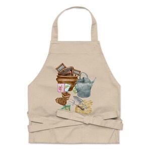 Organic cotton apron-Gardening Tools and Seed Packet Print – Multi-Purpose Apron with Pockets for Gardening, Crafting, Cooking, or Grilling