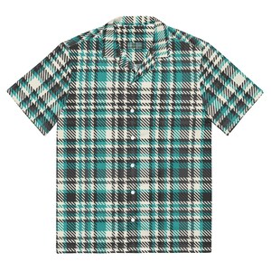 May include: Short-sleeved shirt with a teal, black, and cream plaid pattern. The shirt has a classic collar and white buttons. The plaid design features intersecting lines creating a grid-like pattern. Suitable for casual wear, this shirt is a wardrobe staple.