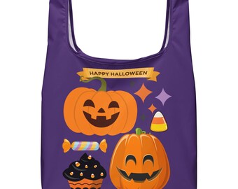 Shopping bag - Front-2 Smiling Pumpkins, Happy Halloween - Back-Trick or Treat, Ghost in Pumpkin - Purple Reusable Tote Bag