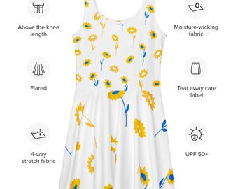 Skater Dress — Yellow, Navy Blue & White Floral — XS-3X