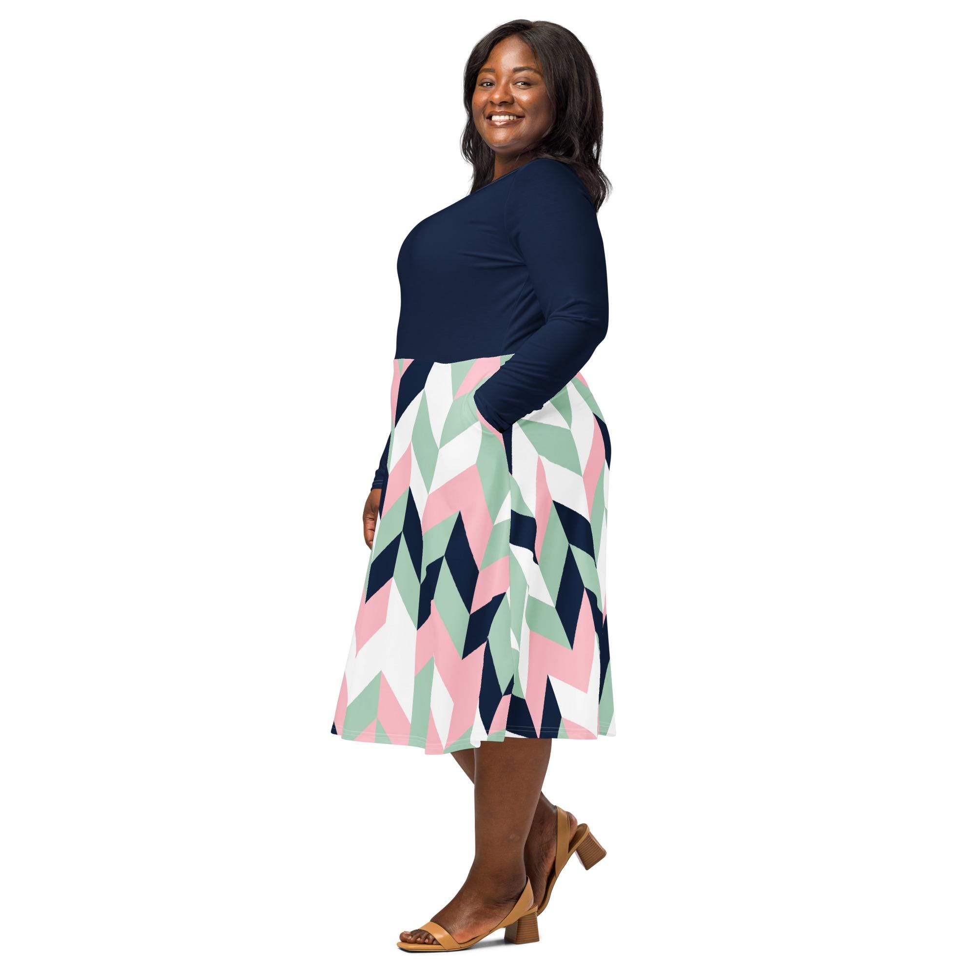 Long Sleeve Midi Dress - Geometric Motion W/navy Body and Sleeves Edition -  2XS-6X - Etsy