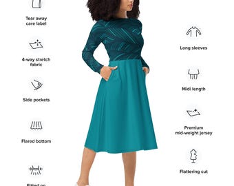 May include: A teal midi dress with long sleeves and a flared bottom. The top features a dark teal pattern, while the skirt is a solid teal color. The dress has side pockets and is made of premium mid-weight jersey fabric.