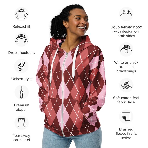 Unisex Zip Hoodie — Pink, Mauve & Burgundy Argyle — 2XS-6X - Etsy