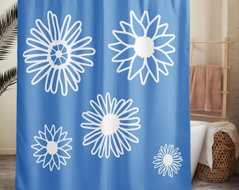 Shower Curtain — Blue w/Mod Pop Daisy Décor