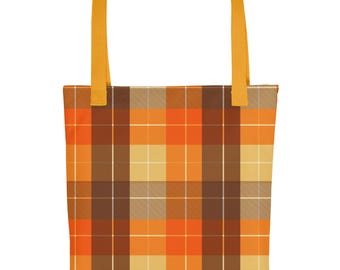 Tote Bag — Bold Orange, Brown & Golden Check Pattern