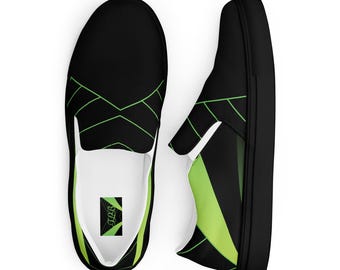 Chaussures sans lacets en toile pour hommes — noires avec graphismes géométriques verts