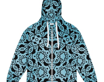 Bluza z kapturem unisex z zamkiem błyskawicznym — niebieski wzór geometryczny z miejskim wykończeniem — 2XS-6X
